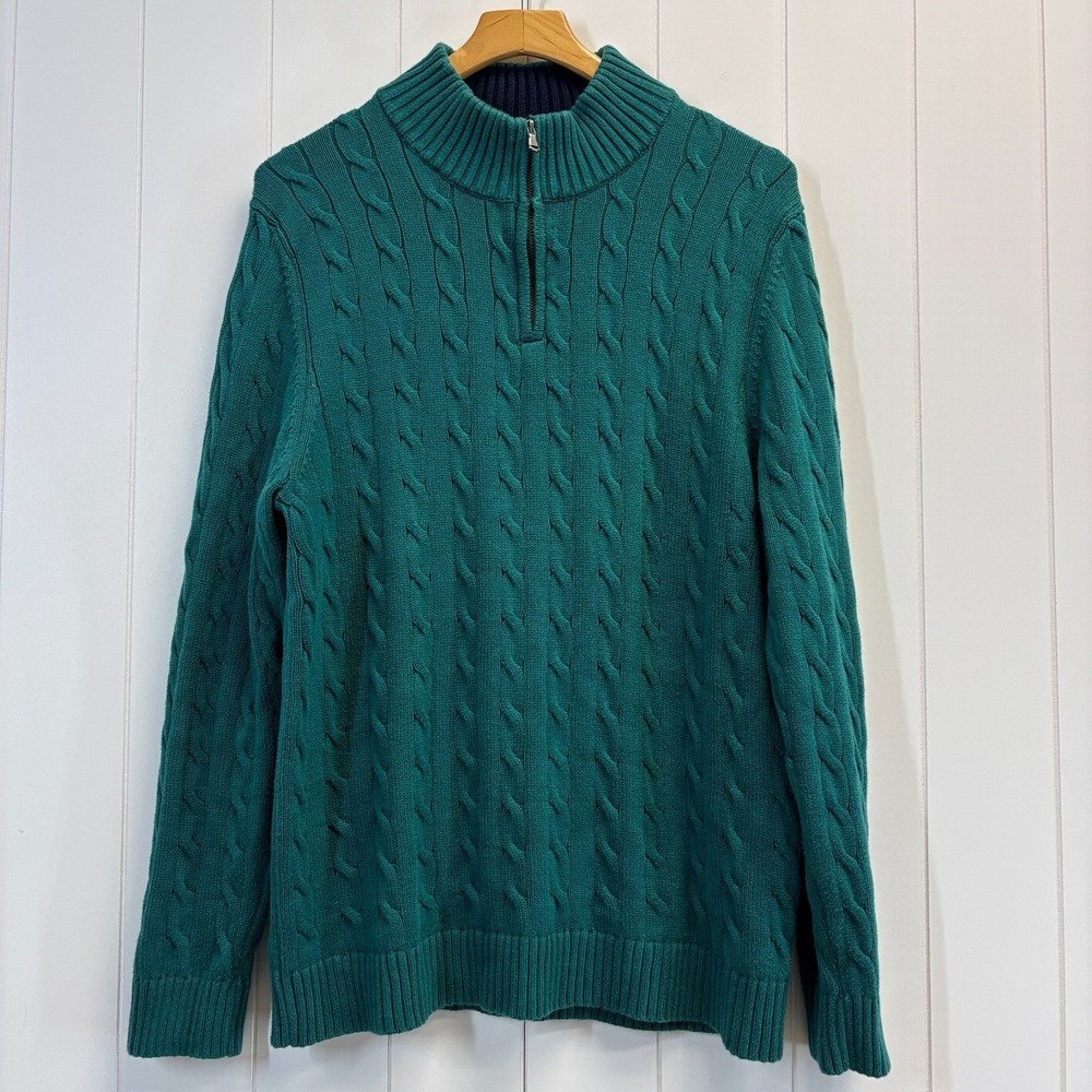 Lands End Drifter Men Cable Knit Fishermen 1/4 Zip Sweater Size LT Green Holiday